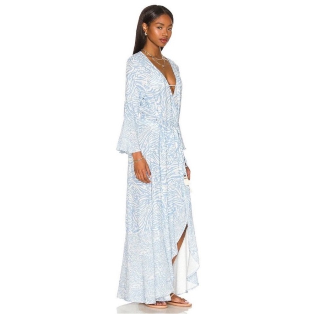 Maaji White Blue Animal Tiger Print Long Sleeve Maxi Kimono Dress Coverup - Picture 7 of 14